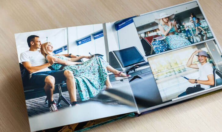 Open magazine spread showing a family photo collage in a bright room