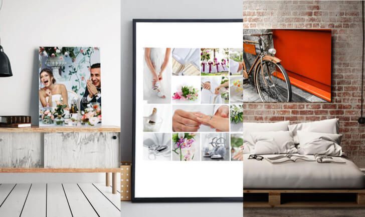 Collage of framed wall art and decor in a modern room with orange bicycle and sofa