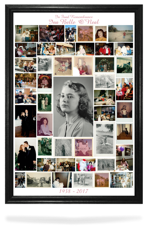 Collage-style memorial poster with many small photos and a large black-and-white portrait in the center