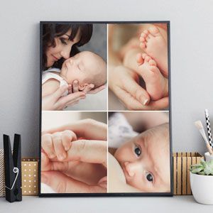 Four-panel wall art of a mother kissing a sleeping baby, tiny feet, and hand-holding close-ups