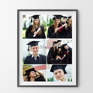 Collage of graduates in caps and gowns posing with diplomas and smiling outdoors
