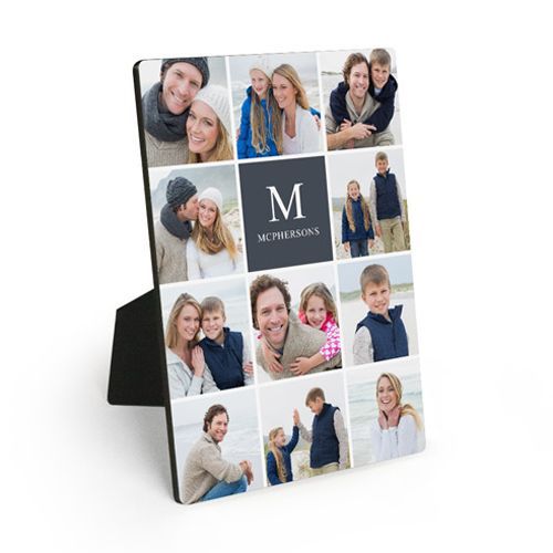 Collage-style desktop photo frame with multiple family snapshots and a central monogram logo