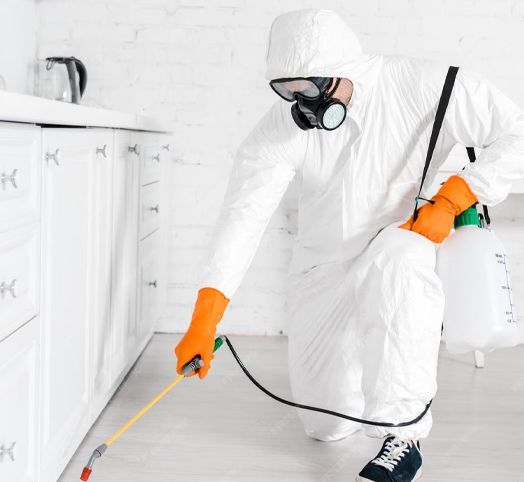 A man in a protective suit is spraying something with a sprayer