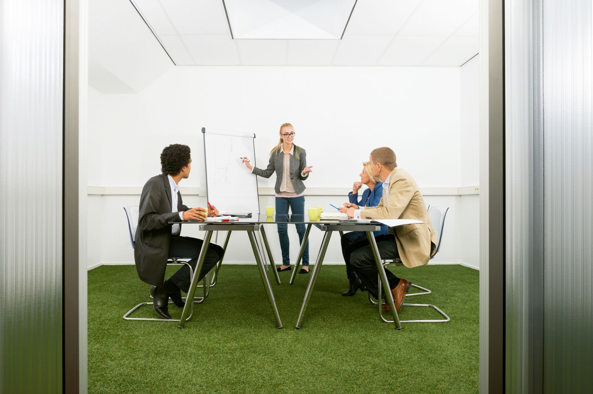 A woman is giving a presentation to a group of people in a conference room.