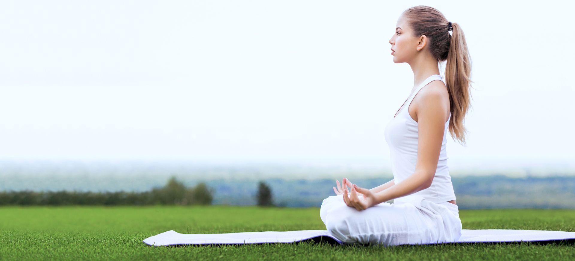 A woman is sitting on a yoga mat in a field.
