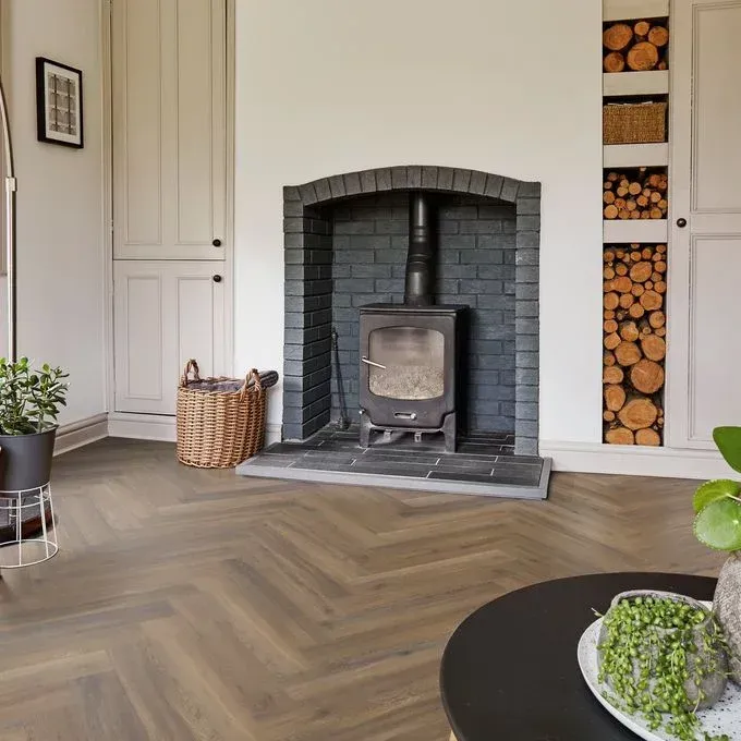 A living room with a fireplace and a wood stove
