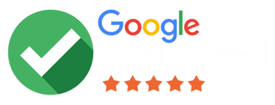A red and white logo on a white background.