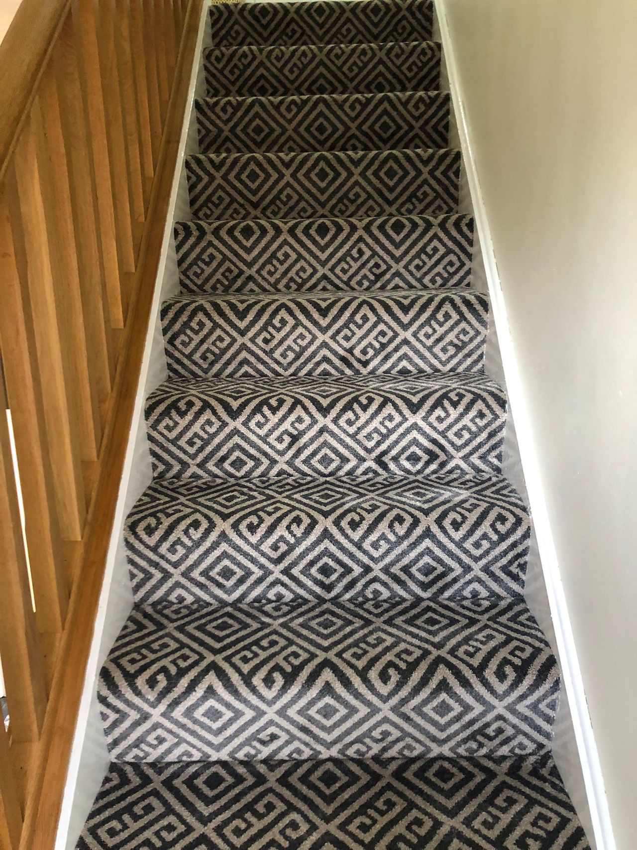 A set of stairs with a patterned carpet on them.