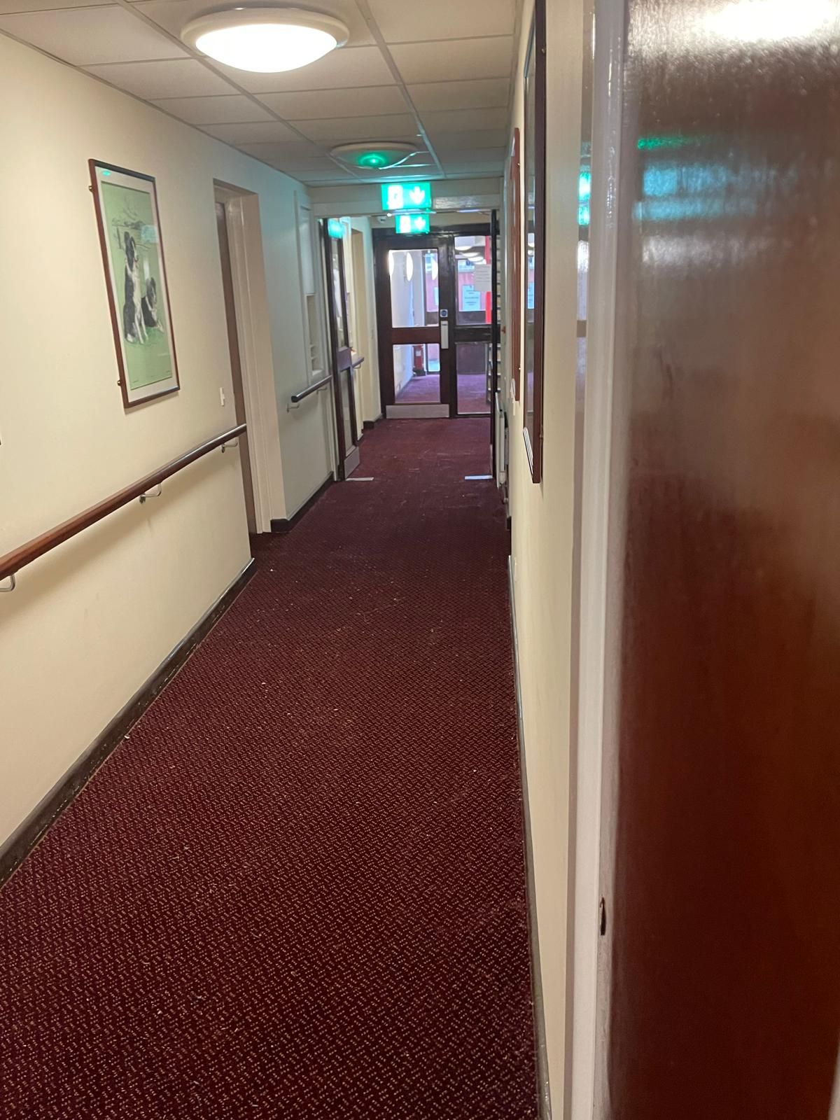 Hallway with burgundy carpet, white walls, and a wooden door at the end. Handrail on left.