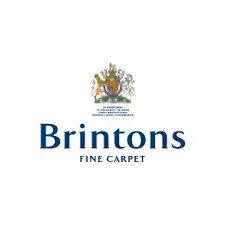 Brintons Fine Carpet logo: Blue text with royal crest on white background.