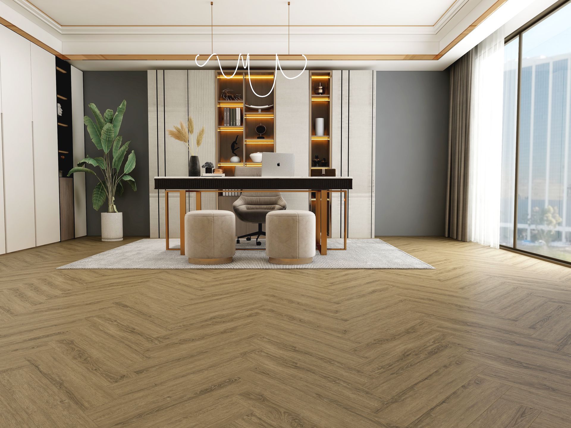 A 3d rendering of a home office with a wooden floor and a desk.