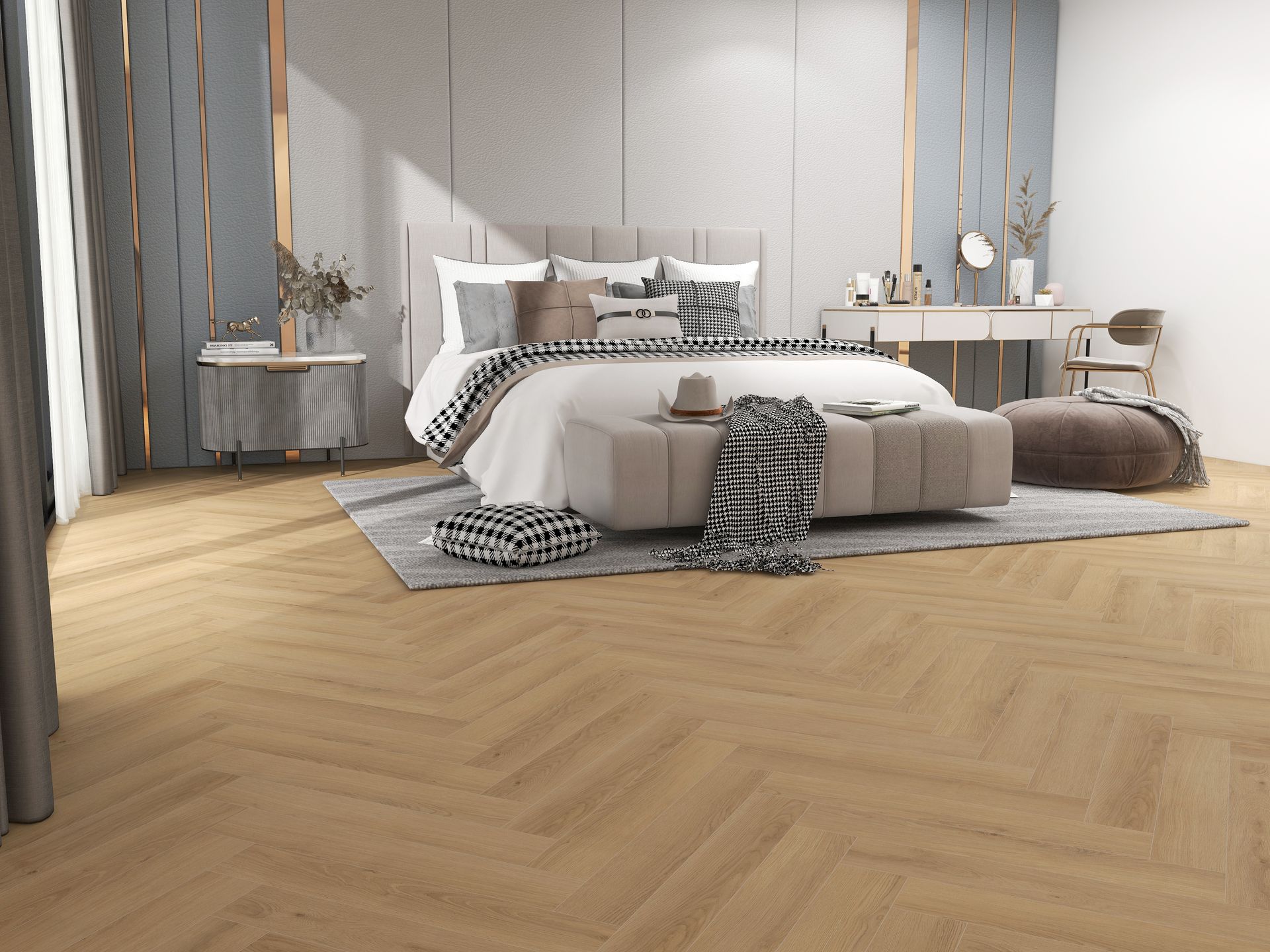 A bedroom with a large bed and a wooden floor.