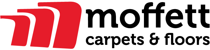 The logo for moffett carpets and floors is red and black.