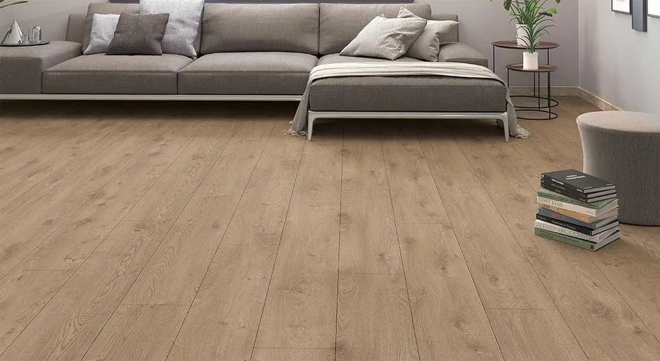 A living room with a couch and a wooden floor.