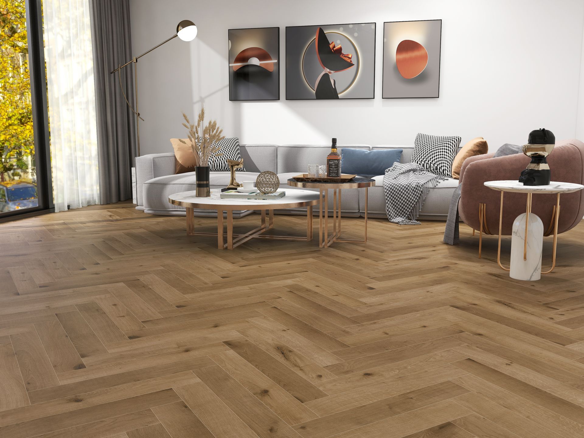 A living room with a wooden floor , a couch , two coffee tables , and a large window.