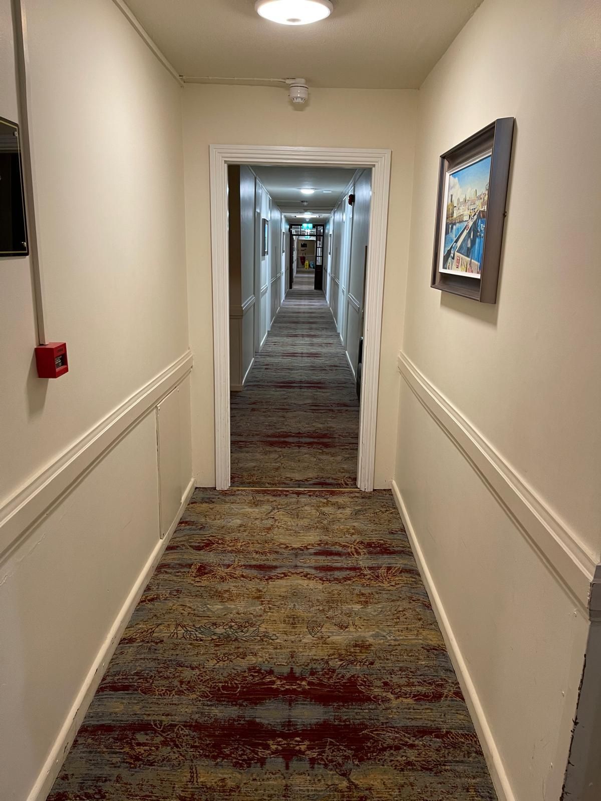 Long hallway with a patterned rug, cream walls, and artwork. A fire alarm is visible.