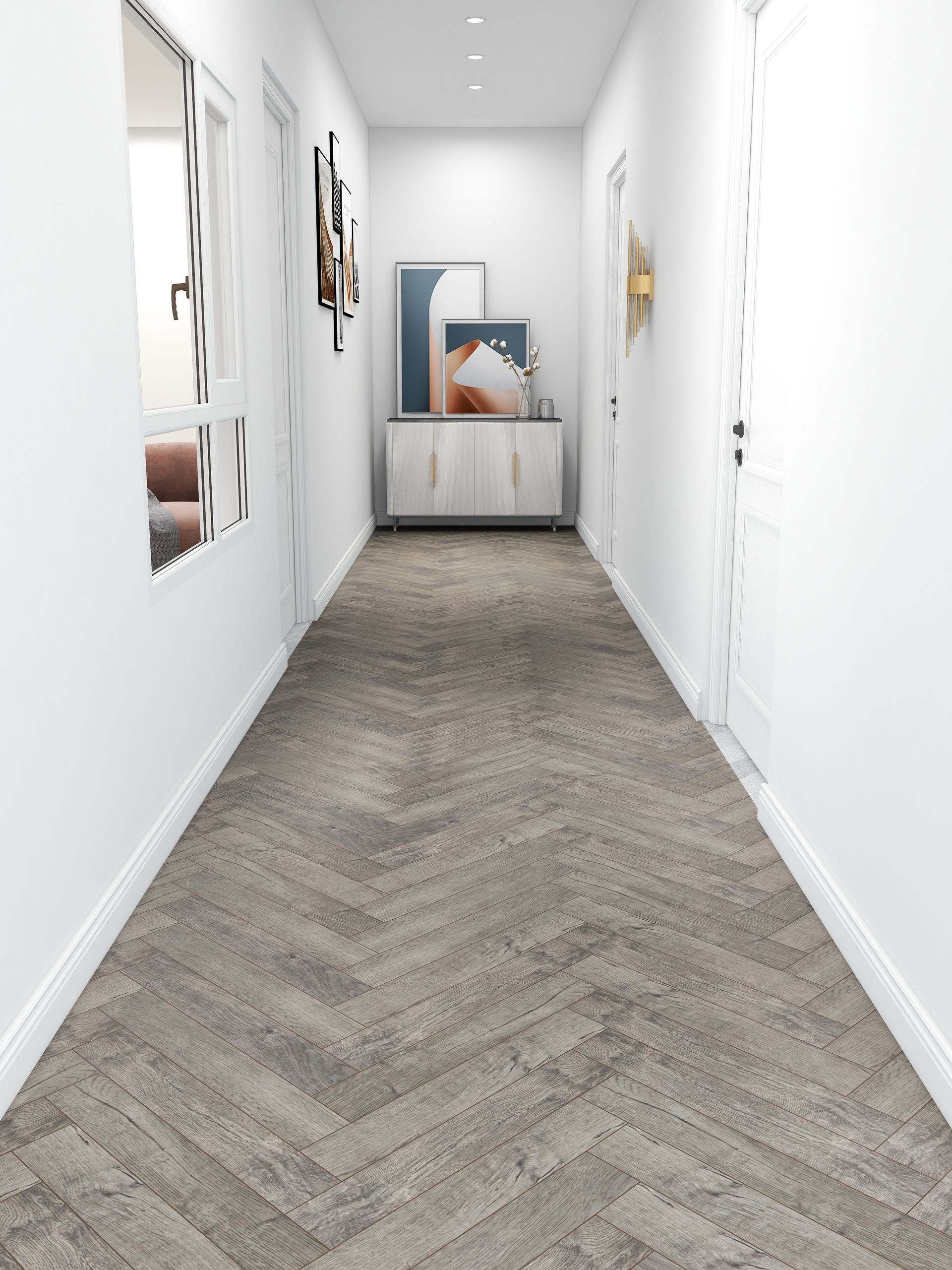 A long hallway with a herringbone floor and white walls.