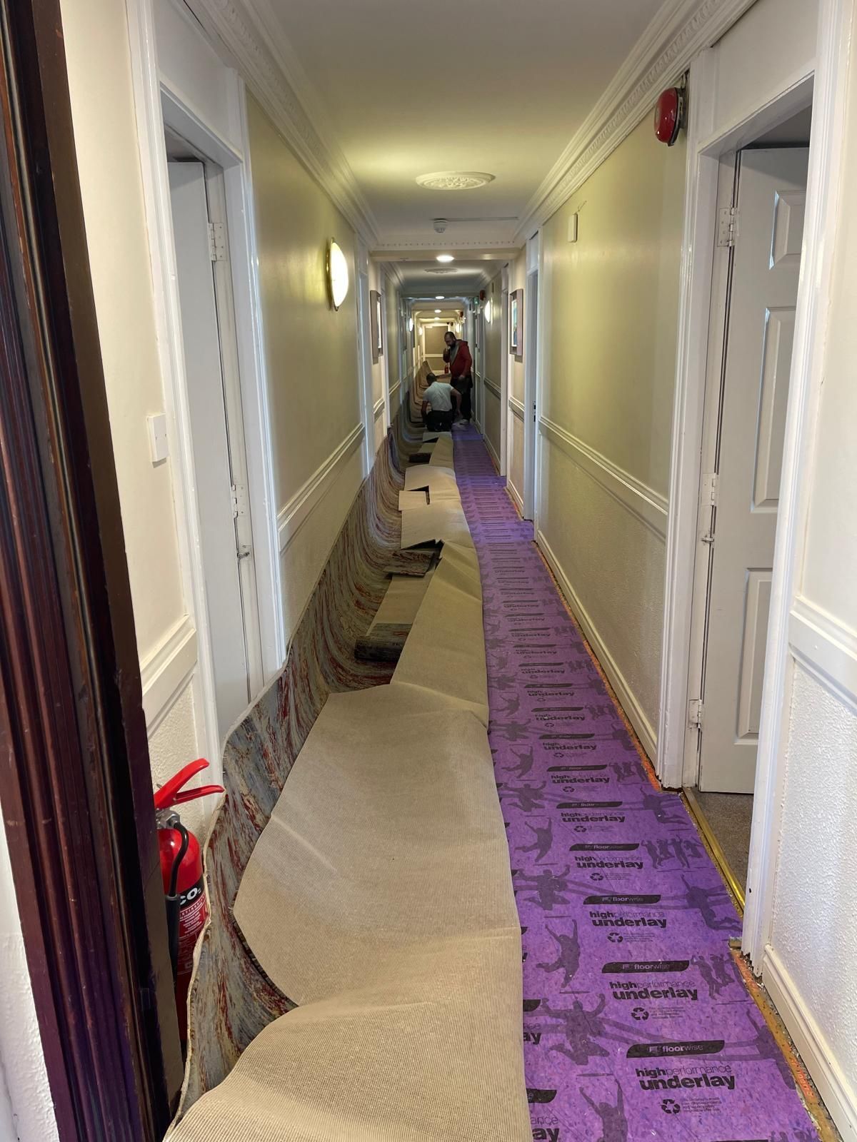 Hallway with old carpet being replaced; purple underlay and new carpet visible. Worker in the distance.