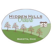 Hidden Hills Orchard logo: Oval with orchard scene, house, text 