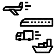A black and white icon of a plane , train , truck and boat.