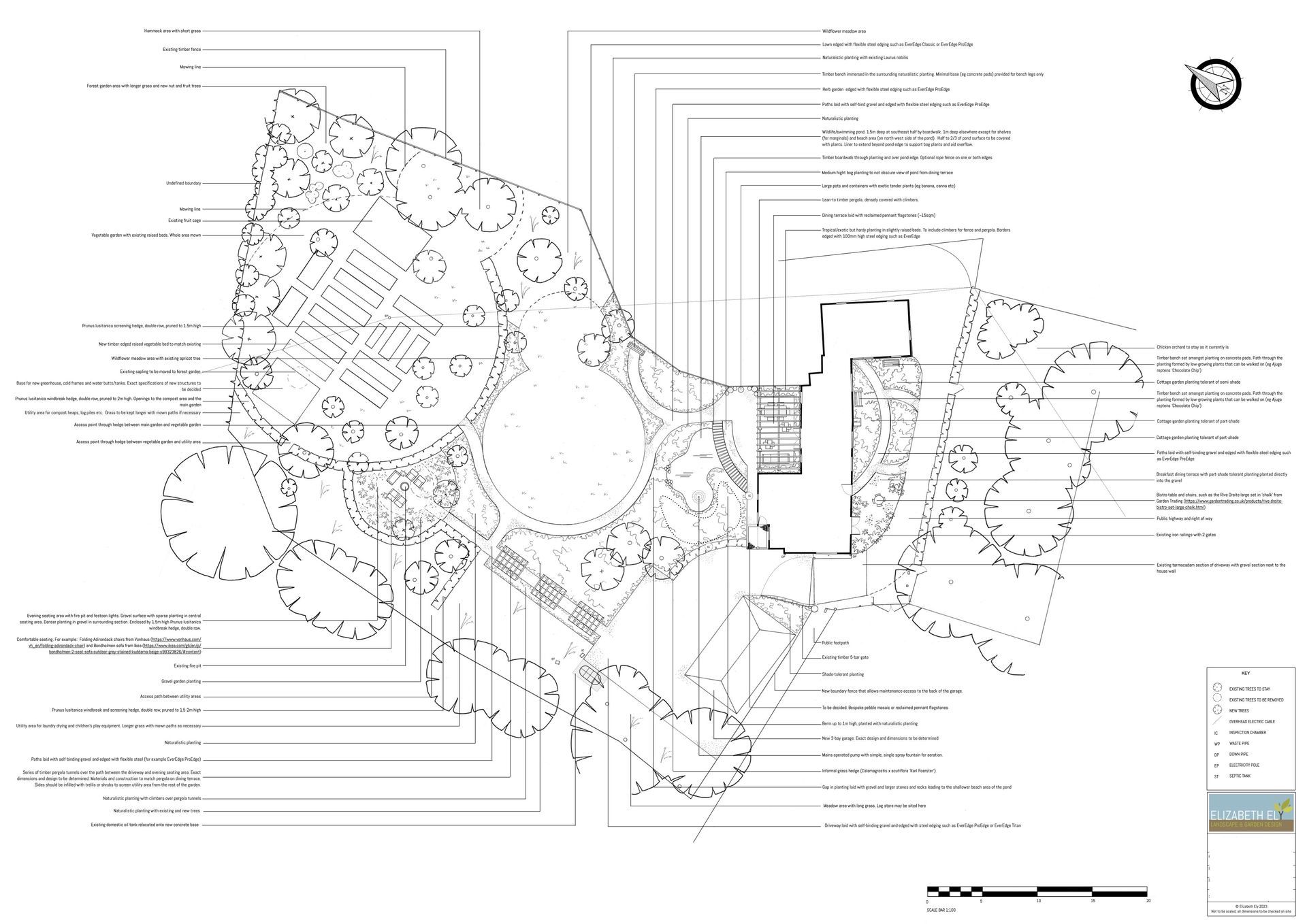 Garden landscape design, master layout plan, large rural garden, lawn, dining terrace, paths, vegetable area, wildlife