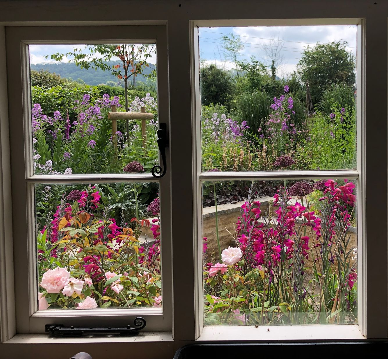 Garden design, planting, window view, wildlife-friendly, pollinators, cotswold, cottage, farmhouse, naturalistic, herbs