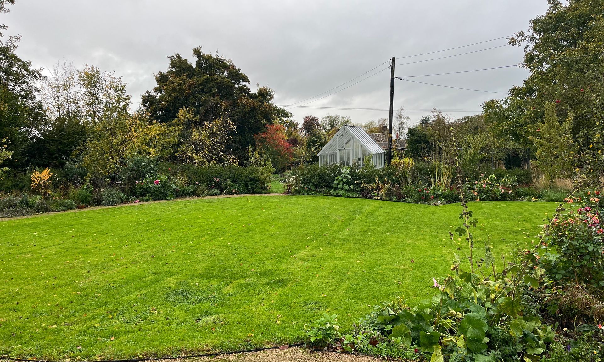 Garden design, planting, wildlife-friendly, cotswold, cottage, greenhouse, vegetables, curved lawn, self-binding gravel path