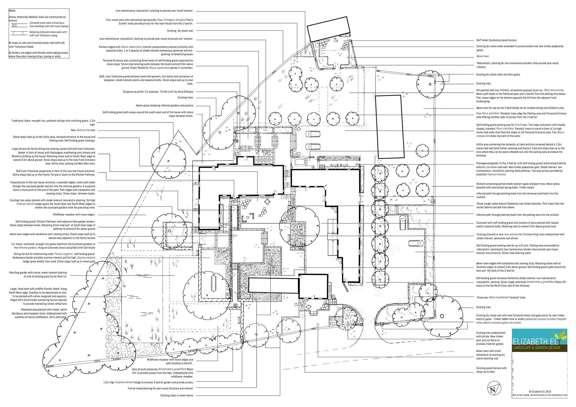 Garden landscape design, master layout plan, large rural garden, slopes, terraces, formal, period, traditional