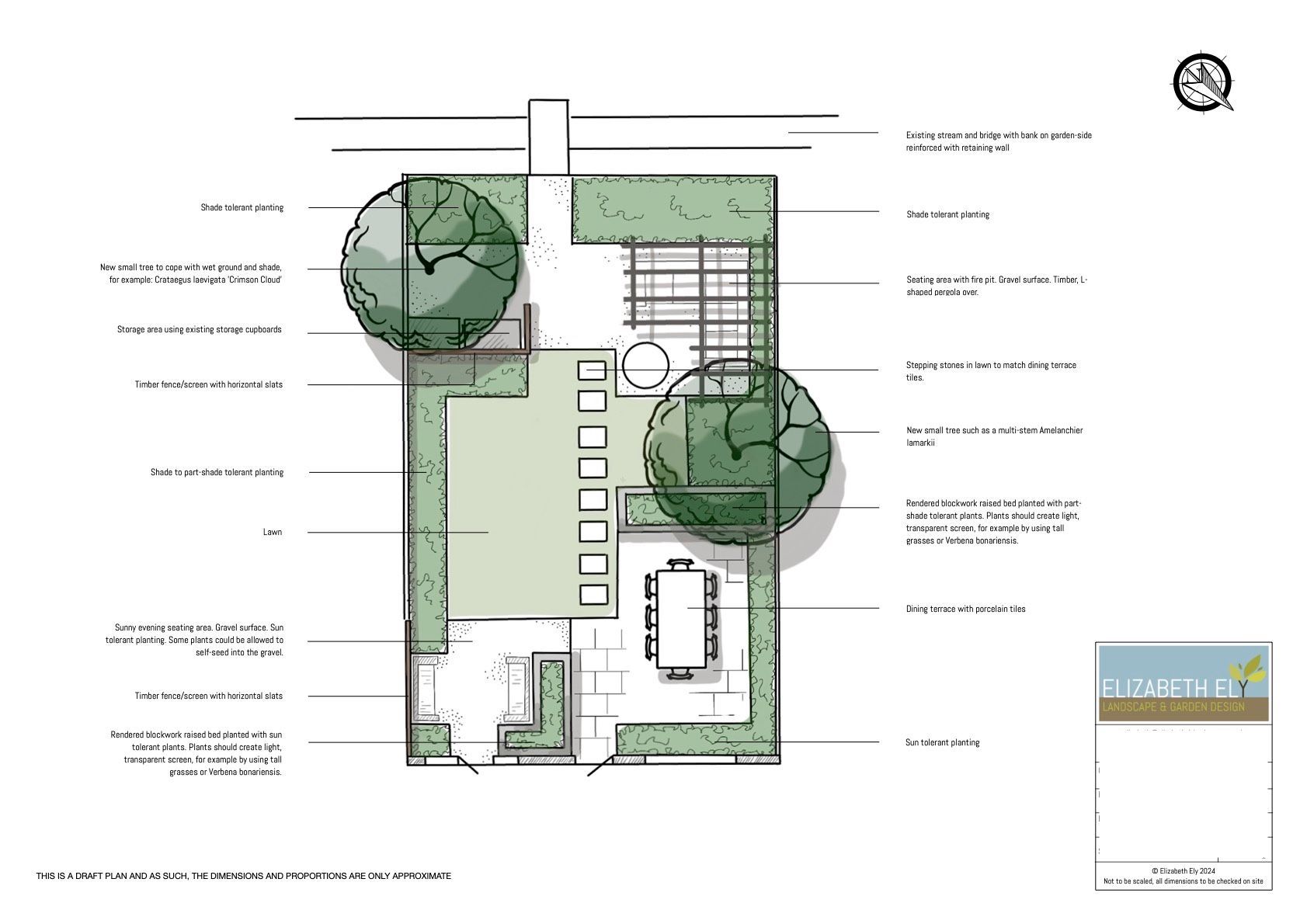 Garden landscape design, concept layout plan, small garden, suburban, lawn, dining terrace, paths, pergola, planting