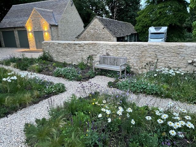 Garden design, planting, wildlife-friendly, nature, cotswold, cottage, naturalistic, bench, stone wall, wildflowers, gravel