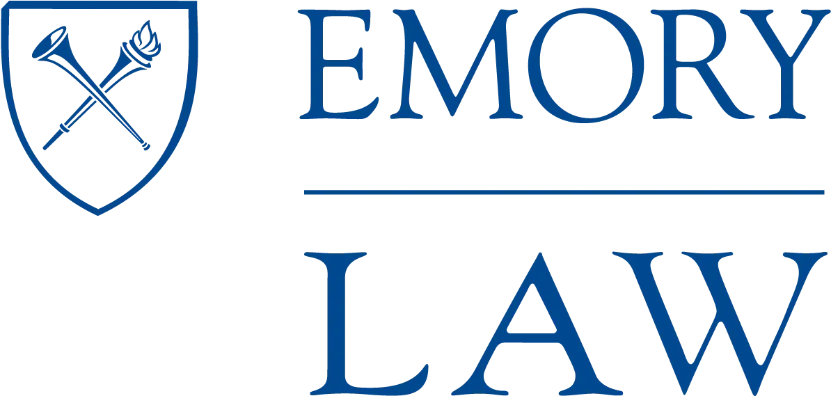 A logo for emory law with a shield and crossed swords
