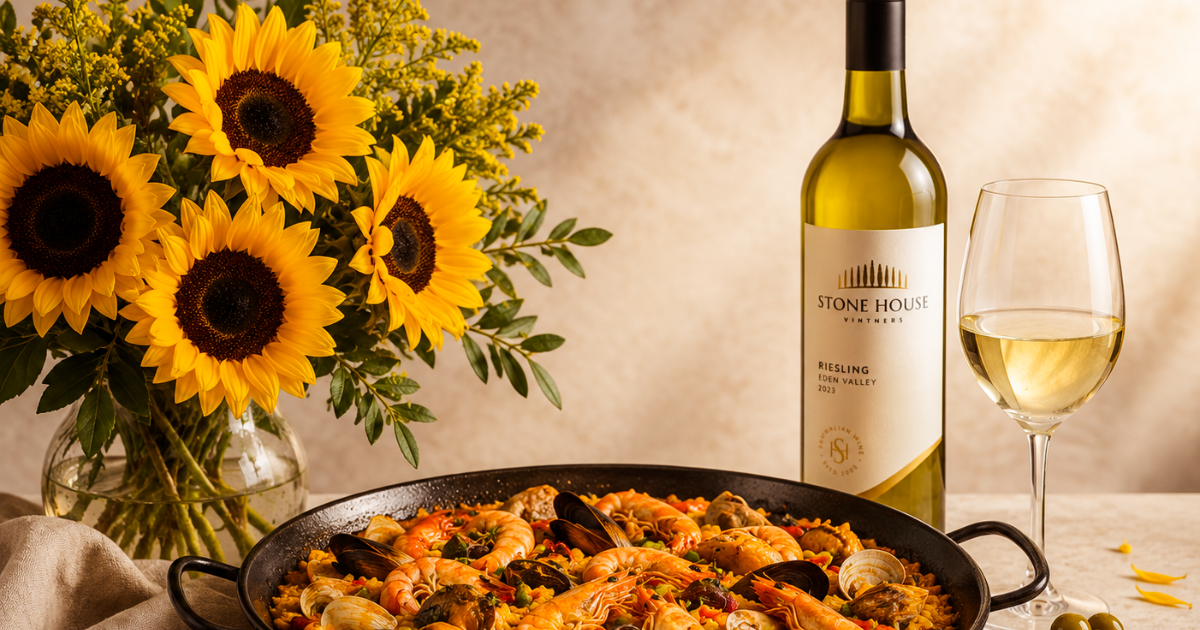 Summer Paella paired with Stone House Vineyard Riesling.