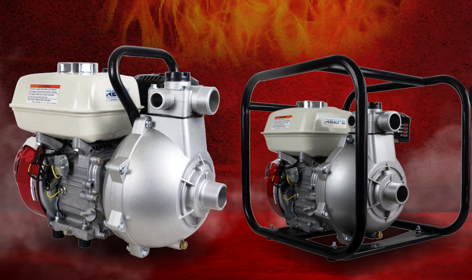 Two silver portable water pumps with beige tanks against a red background, one with a black frame. — Bennett's Servicing and Plumbing In South Nowra, NSW