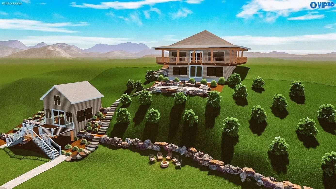 Backyard landscape design mockup of a lakeshore cabin, including rock hardscaping, outdoor firepits, concrete stairs, trees and shrubs.