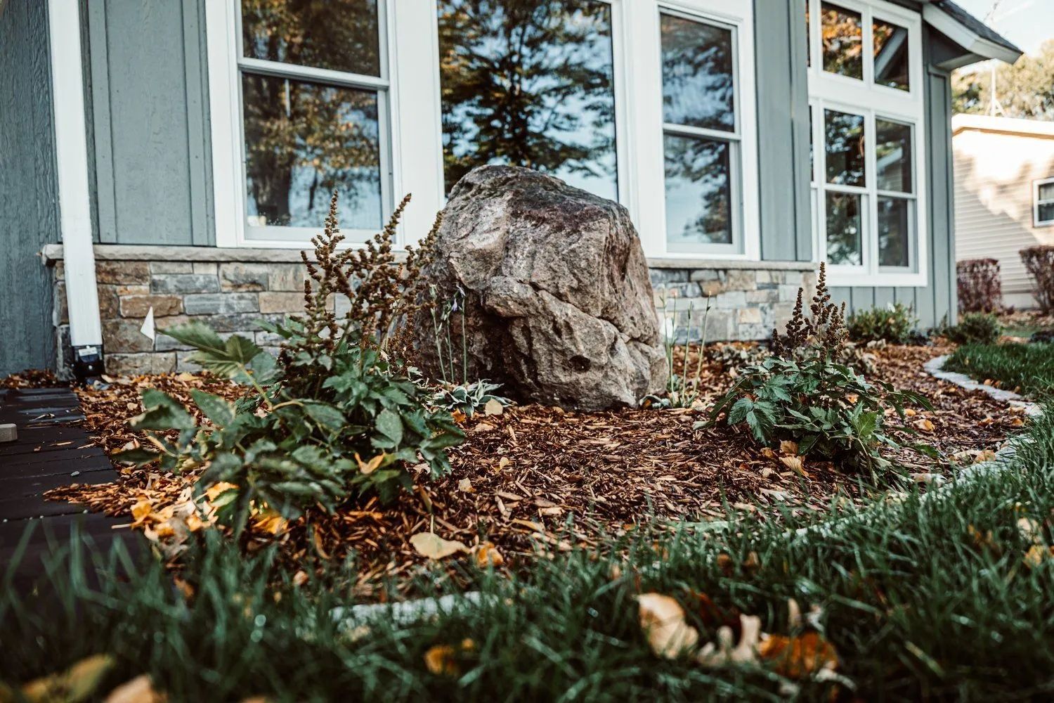 Large boulder in a landscaped garden bed with surrounding greenery and building facade.