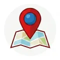 Red location pin on a folded map, indicating a destination.