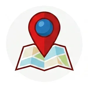 Red location pin on a folded map, indicating a destination.
