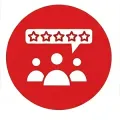 Red circle icon with three people and a speech bubble containing five stars