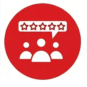 Red circle icon with three people and a speech bubble containing five stars