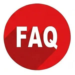 Red circular FAQ icon with white letters and a red shadow effect