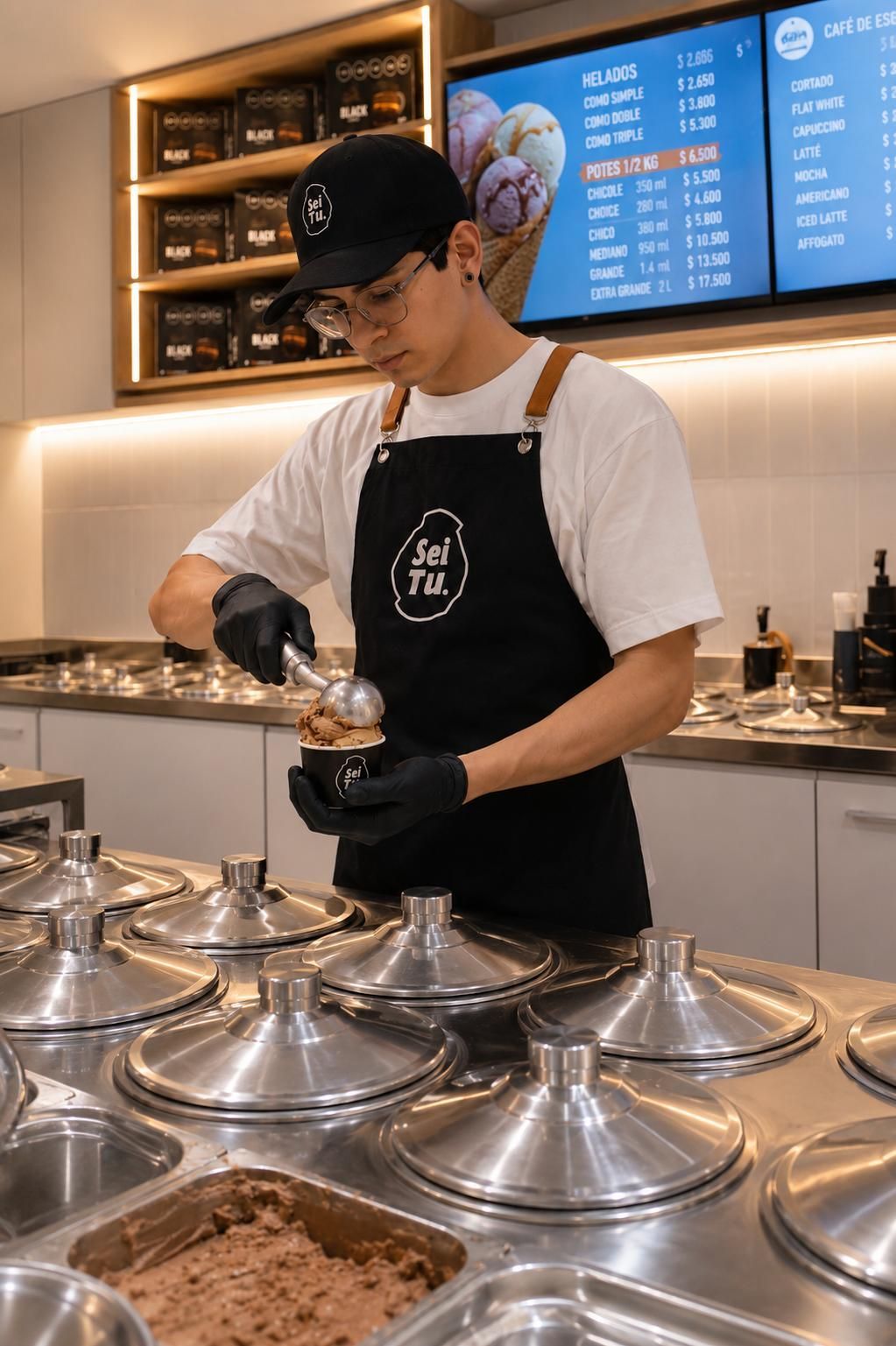 Un barista sirve aderezos en un mostrador de postres con bandejas cubiertas y una pizarra con el menú detrás.