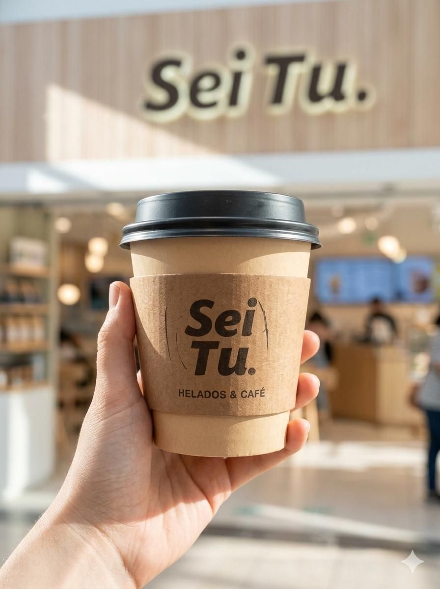 Una mano sostiene una taza de café Sei Tu frente a la barra de una cafetería Sei Tu.