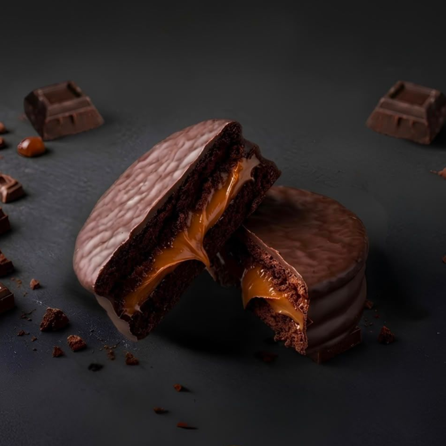 Galletas sándwich de chocolate con relleno de caramelo sobre un fondo oscuro