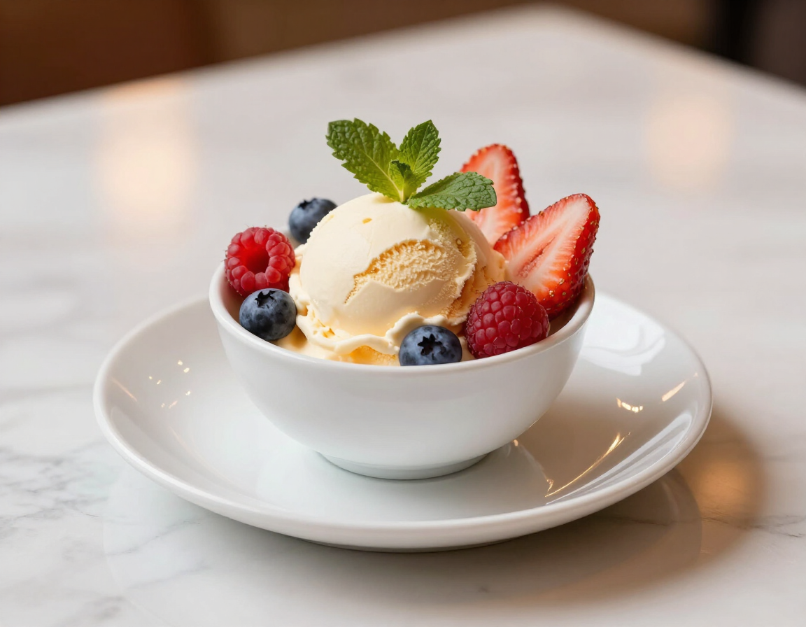 Sundae de helado de vainilla con fresas, arándanos y menta en un tazón blanco sobre un platillo.
