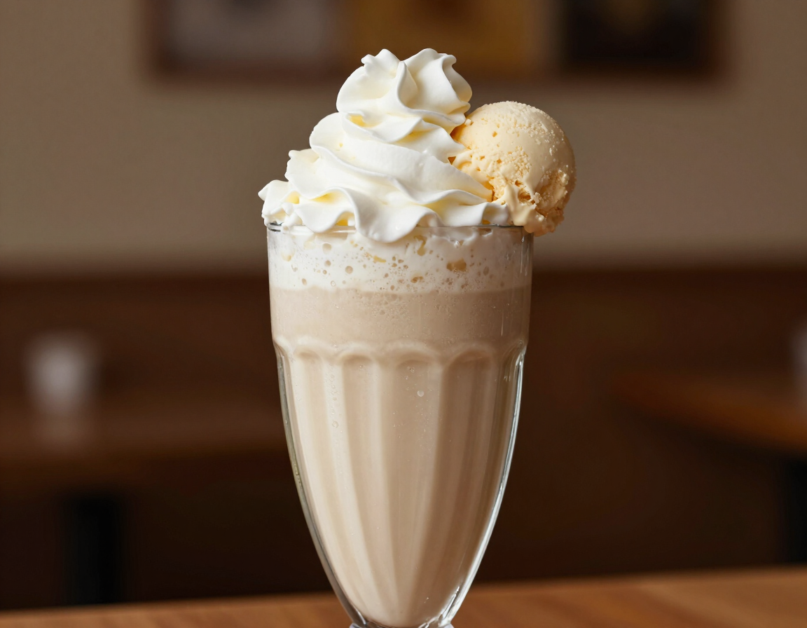 Un batido de vainilla alto, cubierto con crema batida y una bola de helado sobre una mesa.