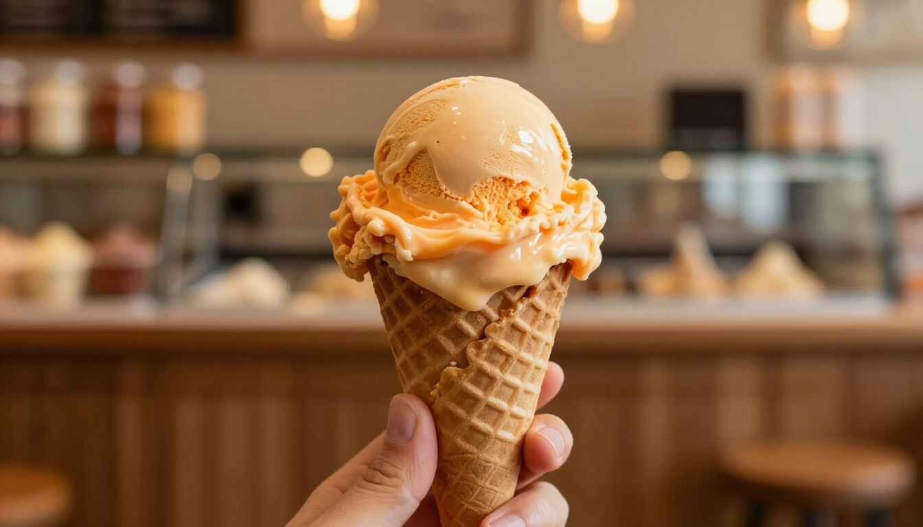 Mano sosteniendo un cono de gofre con una bola de helado de melocotón en una cafetería.
