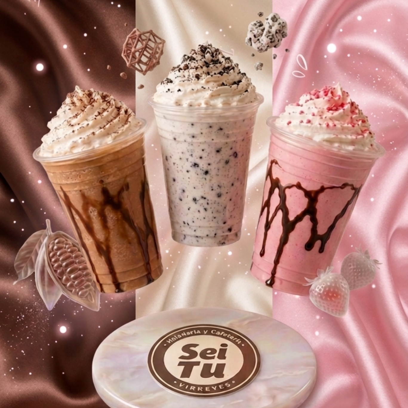 Tres batidos decorados en marrón, blanco y rosa con crema batida y sirope de chocolate sobre un fondo rosa.