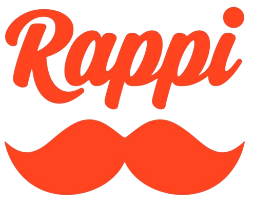 Logotipo de Rappi en letras naranjas con un icono de bigote estilizado debajo.