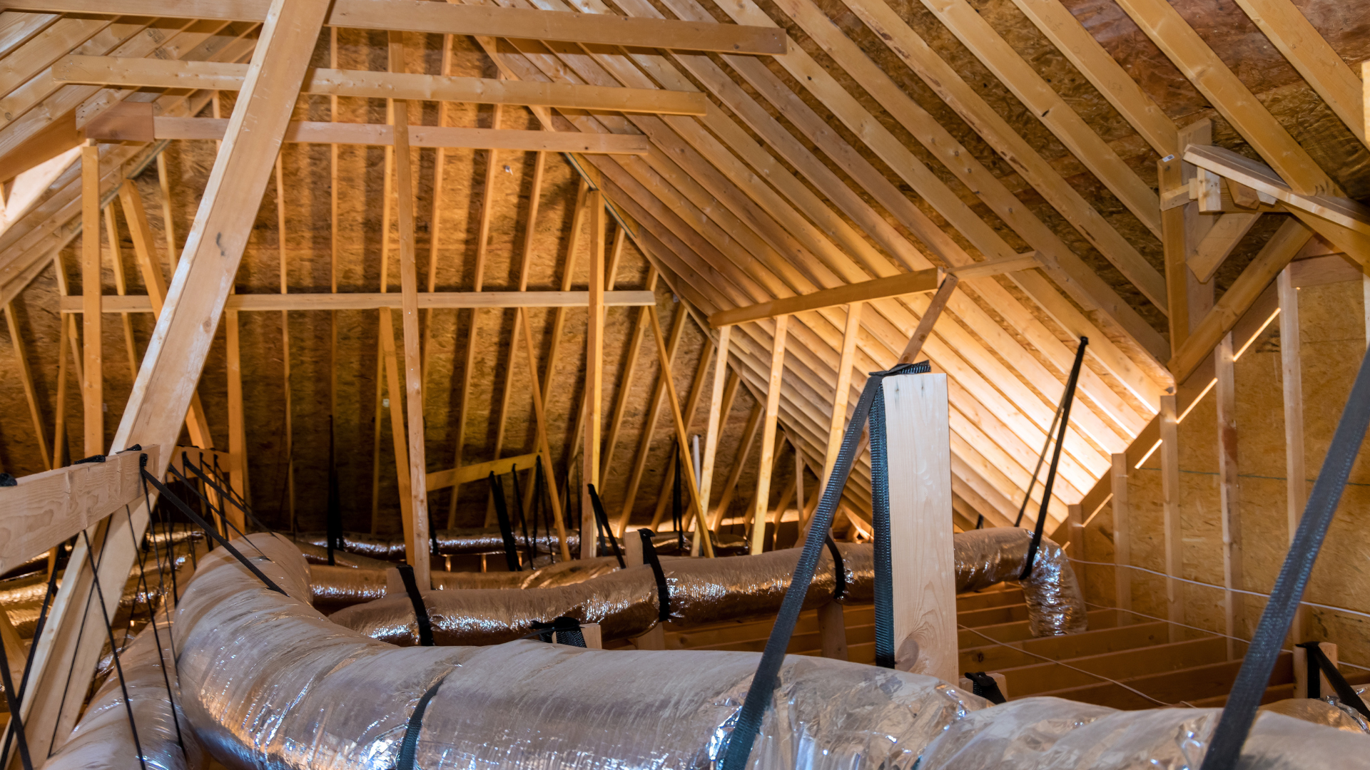 Wooden attic structure with HVAC ductwork installed.