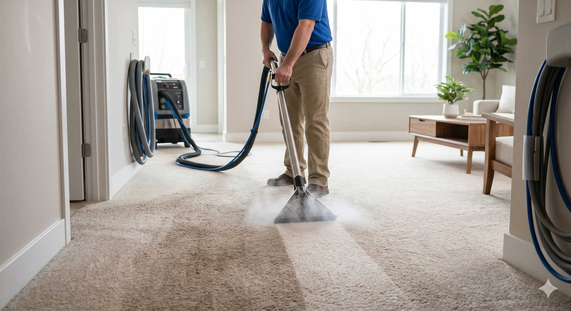 Person vacuuming a beige carpet in a bright living room with a blue vacuum hose